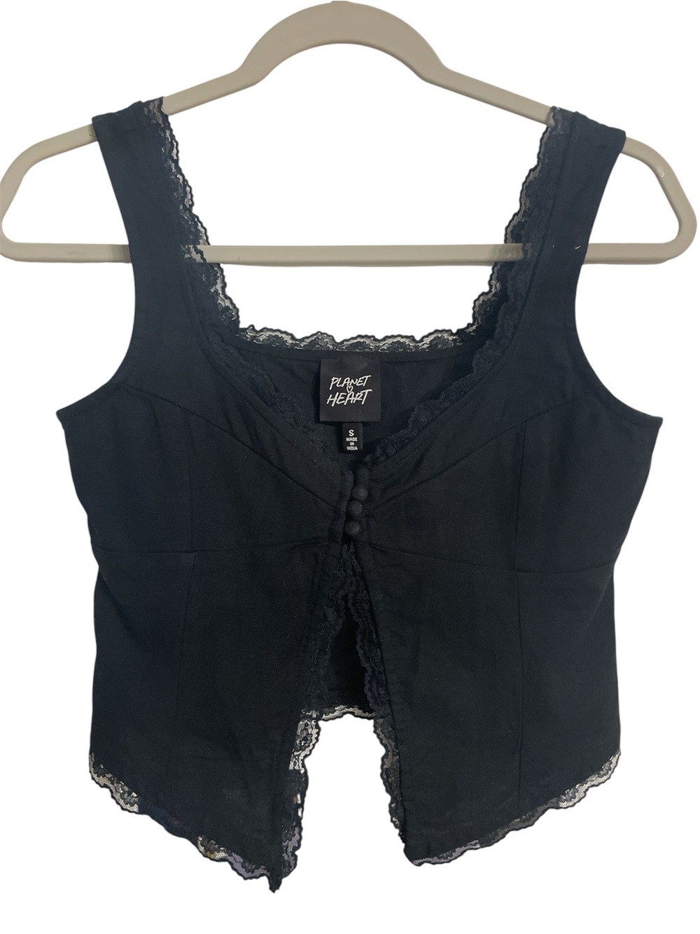 •Planet Heart Black Lace Trim Corset-Style Tank